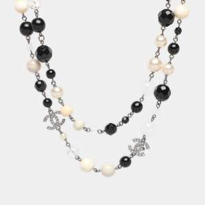 Pre Owned Chanel Multicolor Gun Metal Tone, Faux Pearl and Crystal CC Long Station Necklace