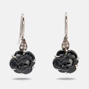Chanel Camelia Sculpte Onyx Diamond 18k White Gold Earrings