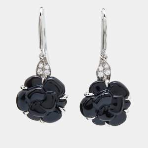 Chanel Camelia Sculpte Onyx Diamond 18k White Gold Hook Earrings