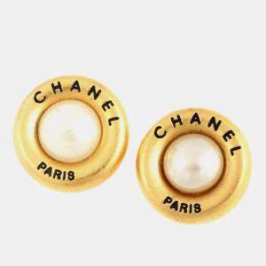 Chanel Gold Metal Faux Pearl Logo Clip On Earrings