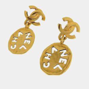 Chanel Gold Metal CC Cutout Logo Drop Earrings