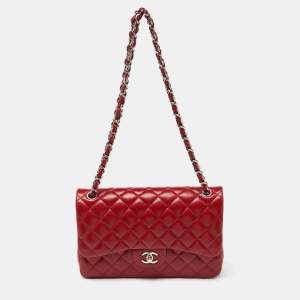 Pre Owned Chanel Red Quilted Caviar Leather Jumbo Classic Double Flap Bag