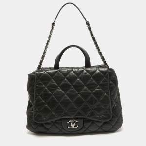 Pre Owned Chanel Black Quilted Leather Maxi 3 Flap Bag