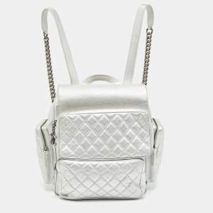 Chanel Silver Quilted Leather Casual Rock Airline Backpack