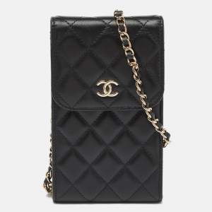 Pre Owned Chanel Black Quilted Leather Phone Holder Crossbody Bag               