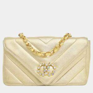 Chanel Metallic Gold Lambskin Leather Small  Faux Pearl V Stitch Shoulder Bag