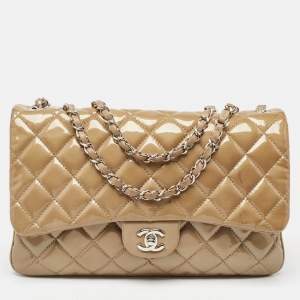 Pre Owned Chanel Beige Quilted Patent Leather 3 Classic Flap Bag