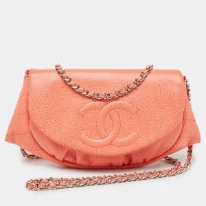 Chanel Orange Caviar Leather Half Moon Wallet On Chain