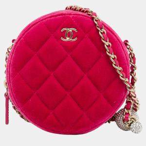 Chanel Pink Velvet Pearl Crush Round Clutch with Chain