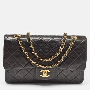 Pre Owned Chanel Black Quilted Lambskin Leather Medium Classic Double Flap Bag