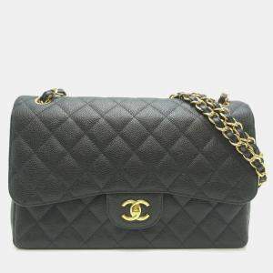 Chanel Black Caviar Leather Jumbo Classic Double Flap Shoulder Bag