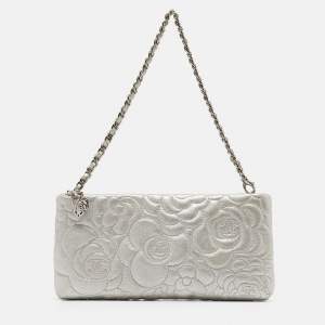 Pre Owned Chanel Grey Shimmer Nubuck Leather Camelia Embossed Chain Clutch