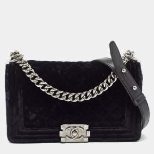 Pre Owned Chanel Black Quilted Velvet Medium Boy Flap Bag