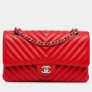 Pre Owned Chanel Medium Classic Chevron Caviar Double Flap Bag