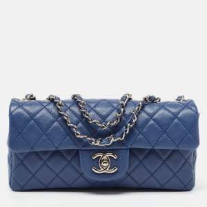 Pre Owned Chanel Blue Quilted Caviar Leather East/West Classic Flap Bag