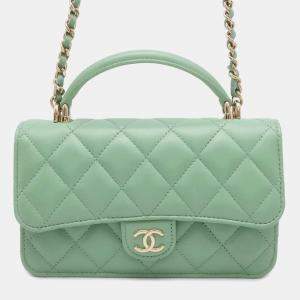 Pre Owned Chanel Green Lambskin Leather Flap Phone Case Shoulder Bag
