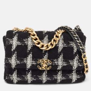 Pre Owned Chanel Black/White Quilted Houndstooth Tweed and Leather Large 19 Flap Bag