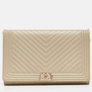 Chanel Cream Quilted Leather Boy Wallet On Chain