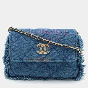 Chanel Blue Denim Logo Printed Quilted Fringe Denim Mood Flap Shoulder Bag