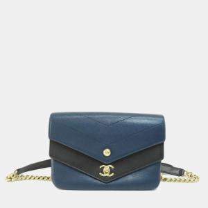 Chanel Black/Navy Blue Calfskin Elaphe Double Chevron Flap Bag