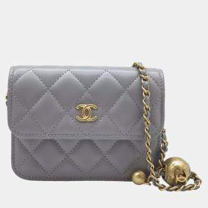 Chanel Grey Leather Mini Pearl Crush  CC Wallet on Chain