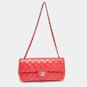 Pre Owned Chanel Red Quilted Caviar Leather Classic East West Flap Bag