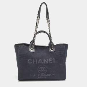 Chanel Navy Blue/Black Canvas Small Deauville Tote