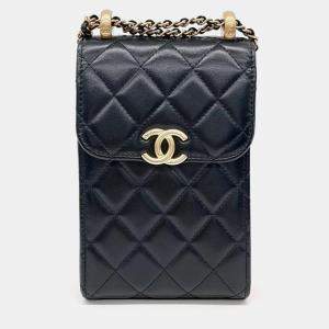 Pre Owned Chanel Black Leather Pearl Crush Chain Phone Holder Bag