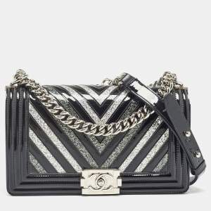Chanel Black/Silver Chevron Patent Leather Medium Boy Flap Bag