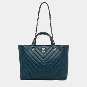 Chanel Navy Blue CC Chevron Calfskin Statement Shopping Tote