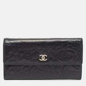 Chanel Black Camellia Embossed Leather Large Flap Wallet