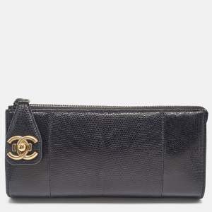 Pre Owned Chanel Black Lizard CC Pushlock Zip Clutch