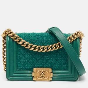 Pre Owned Chanel Green Quilted Wool and Leather Mini Boy Flap Bag