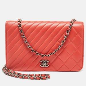 Chanel Orange Quilted Leather Coco Boy Wallet on Chain