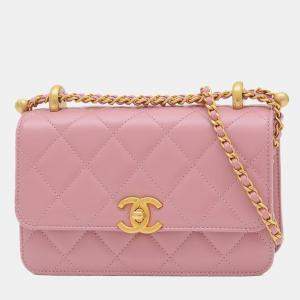 Chanel Pink Lambskin Quilted Pick Me Up Wallet on Chain