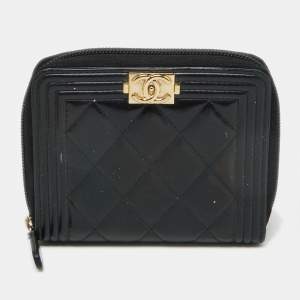 Chanel Black Quilted Patent Leather Boy Zip Around Wallet