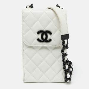 Pre Owned Chanel White Quilted Caviar Leather Phone Holder Crossbody Bag               