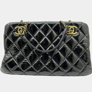 Chanel Black Patent Goatskin Quilted Small CC Eyelet Tote Bag