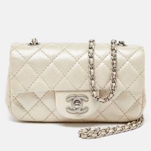 Pre Owned Chanel Pearl Beige Quilted Caviar Leather New Mini Classic Flap Bag