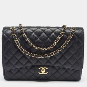 Pre Owned Chanel Black Quilted Caviar Leather Maxi Classic Double Flap Bag