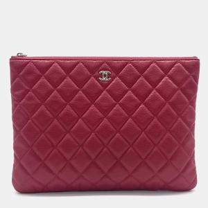 Pre Owned Chanel  Dark Red Leather Quilted Medium Cosmetic Case