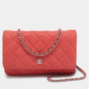 Chanel Coral Pink Quilted Caviar Leather CC Flap Wallet on Chain