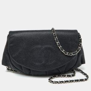 Chanel Black Caviar Leather Half Moon Wallet On Chain