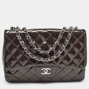 Pre Owned Chanel Plum Quilted Patent Leather Jumbo Classic Single Flap Bag