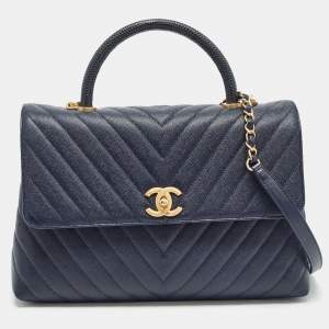 Pre Owned Chanel Dark Blue Chevron Caviar Leather and Lizard Medium Coco Top Handle Bag