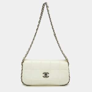 Chanel White Square Quilted Leather Multi Chain Classic Flap Bag