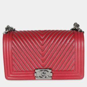 Chanel Burgundy Chevron Calfskin Chain Medium Boy Shoulder Bag