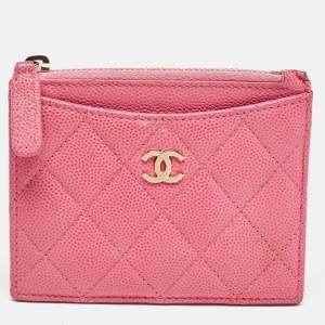 Chanel Pink Quilted Caviar Leather CC Zip Card Holder