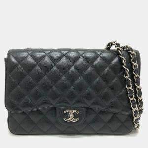 Chanel Black Caviar Leather Jumbo Classic Single Flap Shoulder Bag