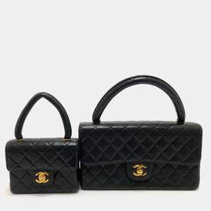 Chanel Black Leather Classic Kelly Top Handle Bag Set